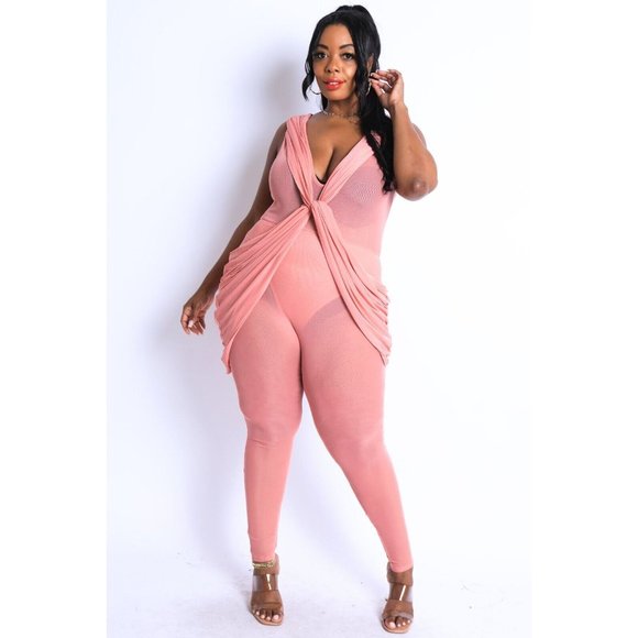 Women's Plus Size Jumpsuit Sleeveless Lightweight Draped Mesh Jumpsuit - Picture 5 of 7